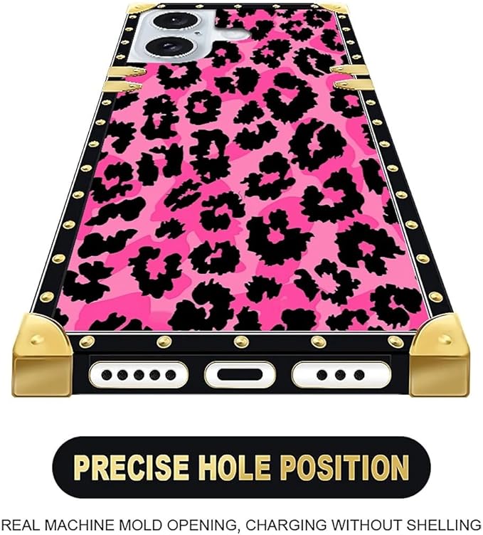 Compatible with iPhone 16 Case, Pink Black Leopard Luxury Golden Decoration for Girl Women Soft TPU Shockproof Protective Hard PC Back