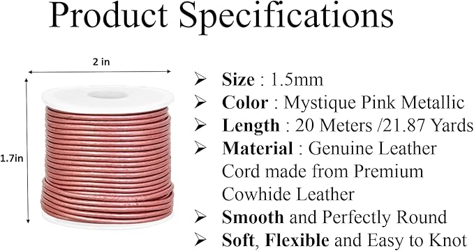 GENIQUE Real/Genuine Round Leather String Cord for Necklace, Bracelets, Jewelry, Kumihimo Braiding, DIY Projects (20 Metres) (1.5mm, Mystique Pink)