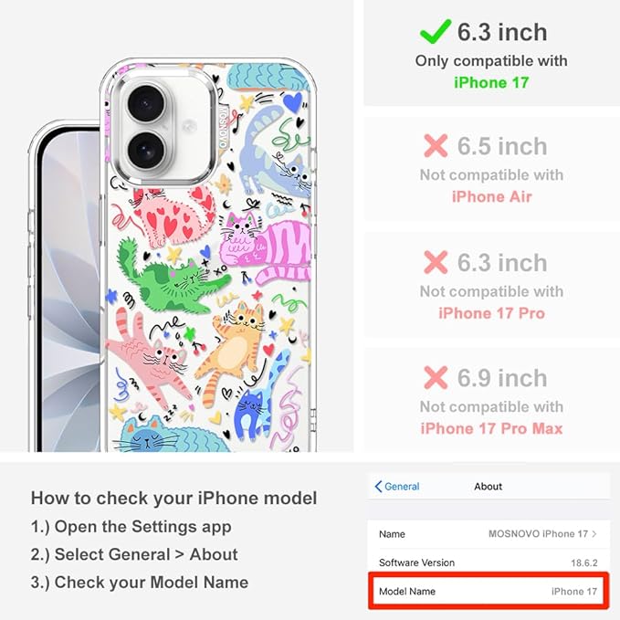 MOSNOVO for iPhone 17 Case, Shockproof Military-Grade Protection 6.6ft Drop Tested, Camera Control, Clear Phone Case for iPhone 17, Doodle Cats Design
