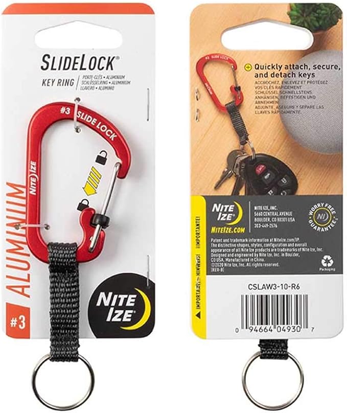 Nite IZE CSLAW3-10-R6 SlideLock Key Ring Aluminum, Locking Carabiner Keychain with Webbing, Red