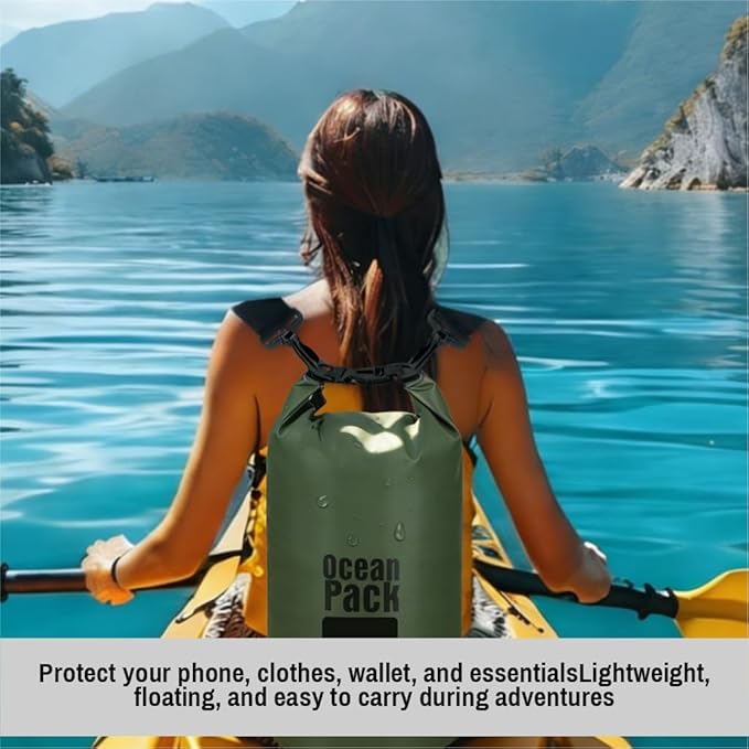 Waterproof Dry Bag Set of 3 (2L 5L 10L) – Roll Top PVC Dry Bags Waterproof for Kayaking, Camping, Beach & Travel – Floating Compression Dry Sack Backpack for Outdoor Gear (Military Green)