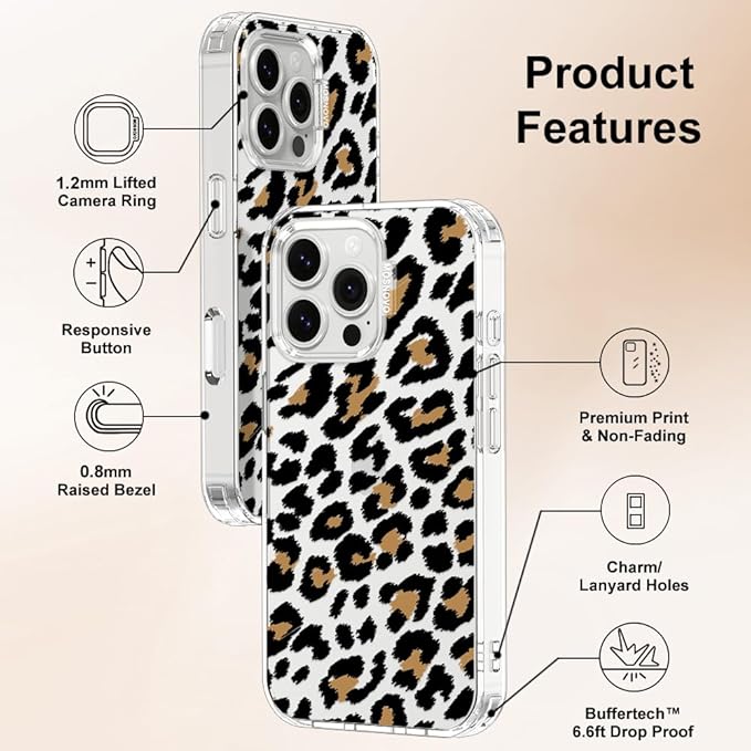 MOSNOVO Case for iPhone 16 Pro Max, [Buffertech 6.6ft Military-Grade Drop Protection] [Anti Peel Off Tech] Clear TPU Bumper Phone Case Cover Design - Leopard Print