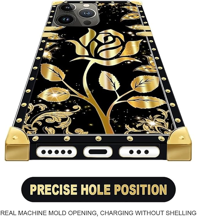 Compatible with iPhone 16 Pro Case, Shine Gold Rose Luxury Golden Decoration for Girl Women Soft TPU Shockproof Protective Hard PC Back for iPhone 16 Pro