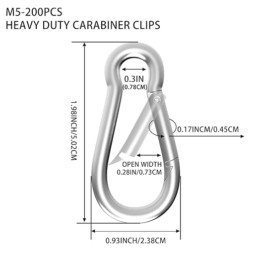 Carabiner, Heavy Duty Galvanized Steel Spring Snap Hook Carabiner Clips with 220LBS Holding Capacity, Ideal for Outdoor, Hammock, Swing and Travel (M5 2Inch, 200PCS)