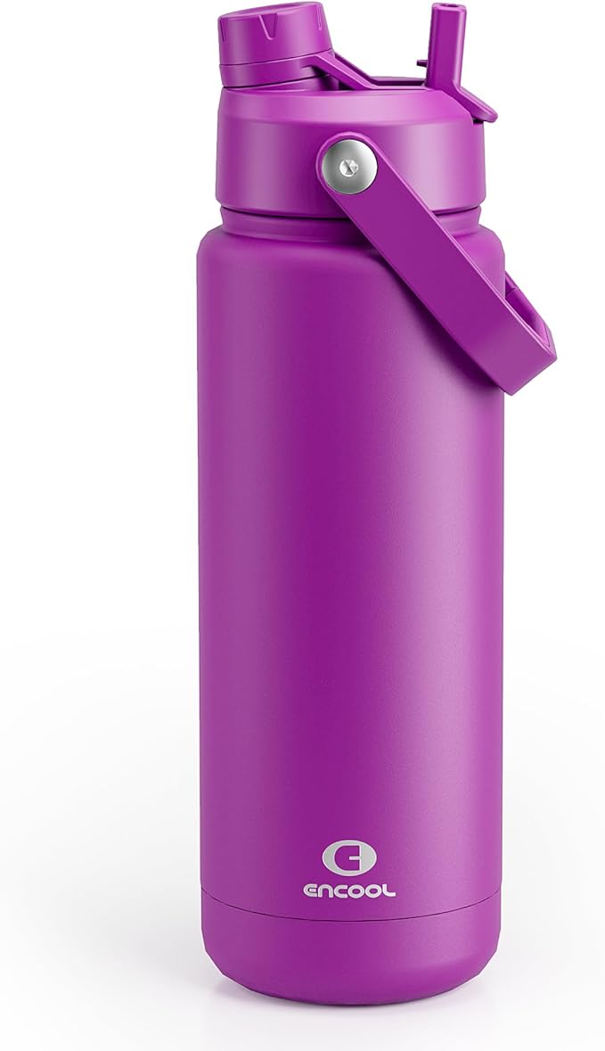 ENCOOL Insulated Water Bottle with Straw Stainless Steel Water Bottle, Leak-Proof, BPA-Free, Double Wall Vacuum Keeps Cold for 24 Hours for Sports, Travel, School (32 oz, Bright Magenta)