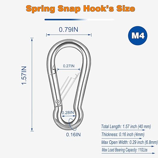 30PCS M4 Heavy Duty Carabiner Clip, 1.57Inch Snap Hook Quick Link Small Carabiner Clips,Spring Link Buckle for Fishing Camping Hammock Dog Leashes-110LBS Holding Capacity (Silver)