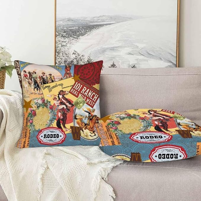 Cowgirls Wild West Pillow Covers 18 X 18 Far East Rodeo Round Up Win Ride Horse Race Wreath Cool Set of 2 Pillow Cases Square Outdoor Throw Cushion Pillowcases Decor Home Bed Sofa Couch Hotel