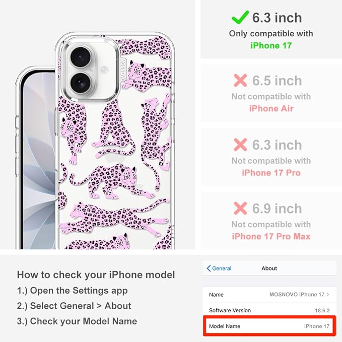 MOSNOVO for iPhone 17 Case | Military Grade 6.6ft Drop Tested | Camera Control | Clear with Pink Leopard Design