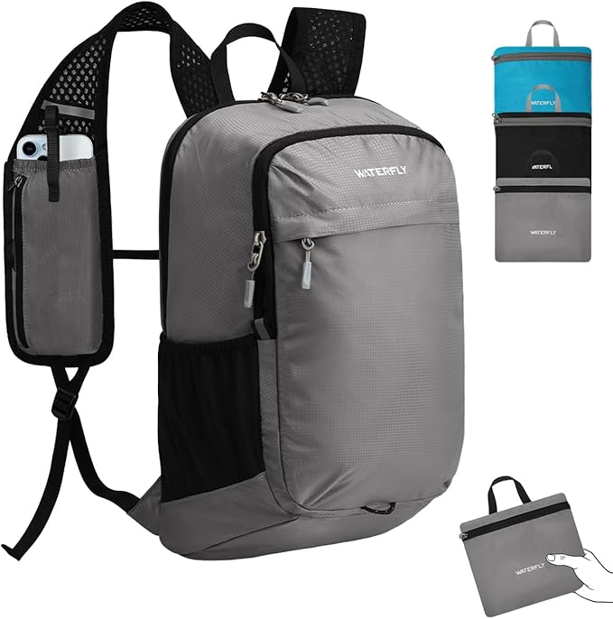 WATERFLY Packable Lightweight Small Backpack: 15L Foldable Mini Hiking Daypack - Ultralight Compact Day Pack for Women Men Outdoor Travel Camping Walking - Gray