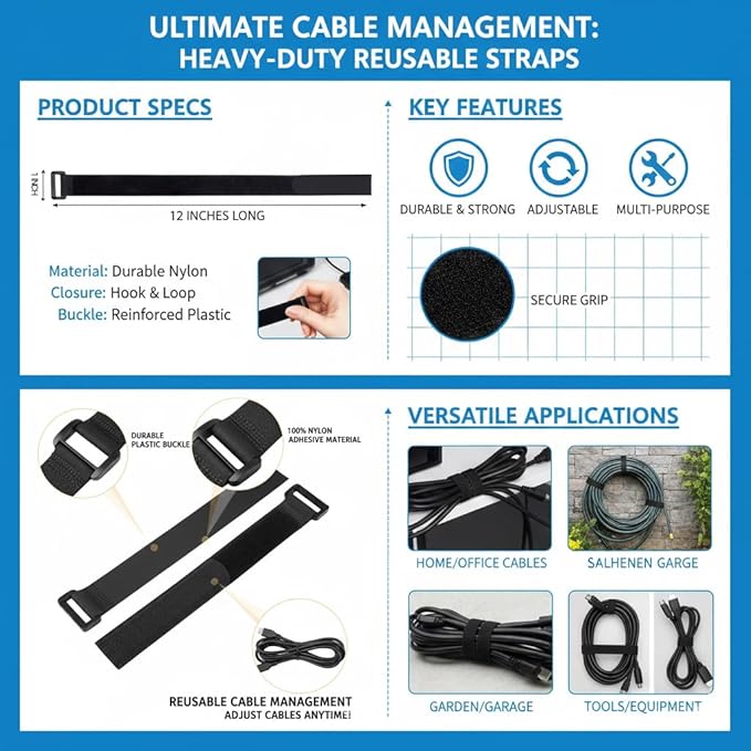 Performore Heavy-Duty Adjustable Nylon Cinch Straps | 12-Pack Durable Hook-and-Loop Fastening Cable Ties | Reusable Multi-Purpose Cord Bundlers | Black 12-Inch Wire, Hose, Tool, Rope Organizer