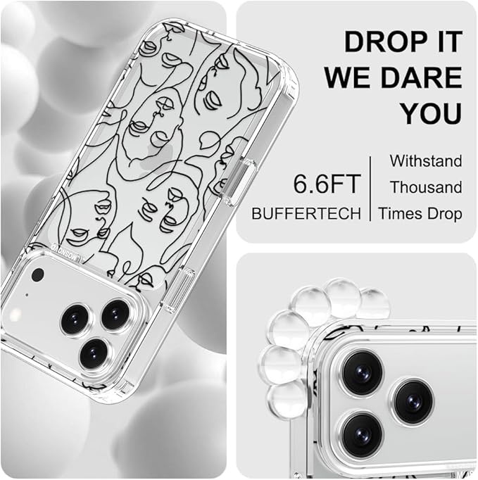 MOSNOVO for iPhone 17 Pro Max Case | Military Grade 6.6ft Drop Tested | Camera Control | Clear with Abstract Face Line Art Design