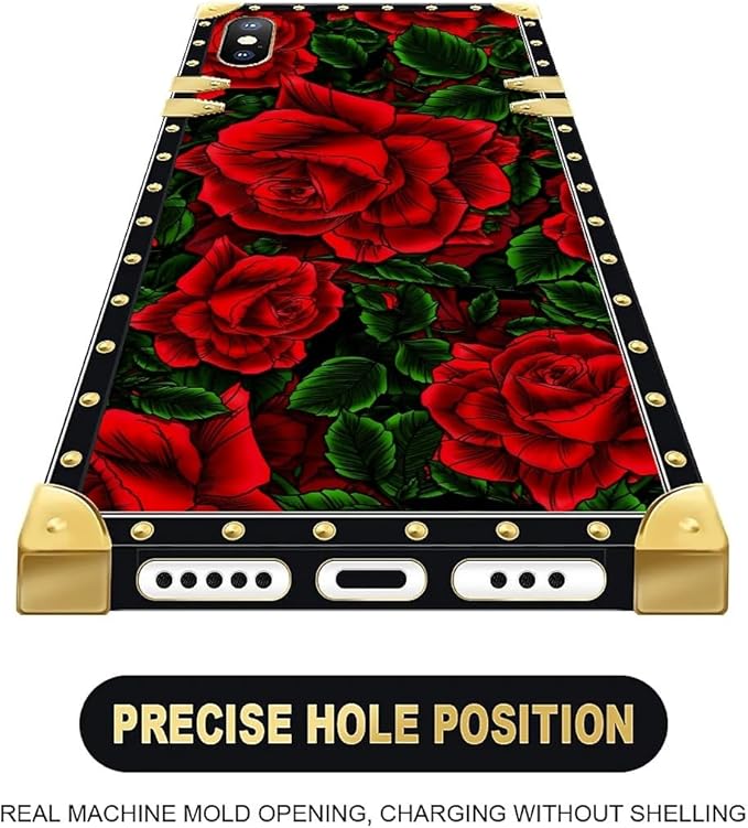 Compatible with iPhone Xs Max Case, Vector Red Rose Green Leaf Luxury Golden Decoration for Girl Women Soft TPU Shockproof Protective Hard PC Back for iPhone Xs Max