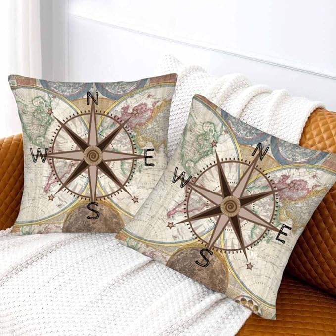 Nautical Compass Throw Pillow Covers 18x18 Historical World Map Earth Exploration Vintage Set of 2 Pillow Cases Square Velvet Outdoor Pillowcases Decorative for Home Bed Sofa Couch Hotel