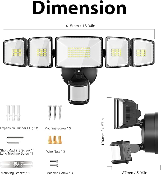 Onforu 150W 15000LM LED Security Lights Motion Sensor Outdoor, Dusk to Dawn Flood Lighting, 5 Heads 360° Wide Angle Illumination, 6500K IP65 Waterproof Hardwired Floodlight Motion Detection (Black)