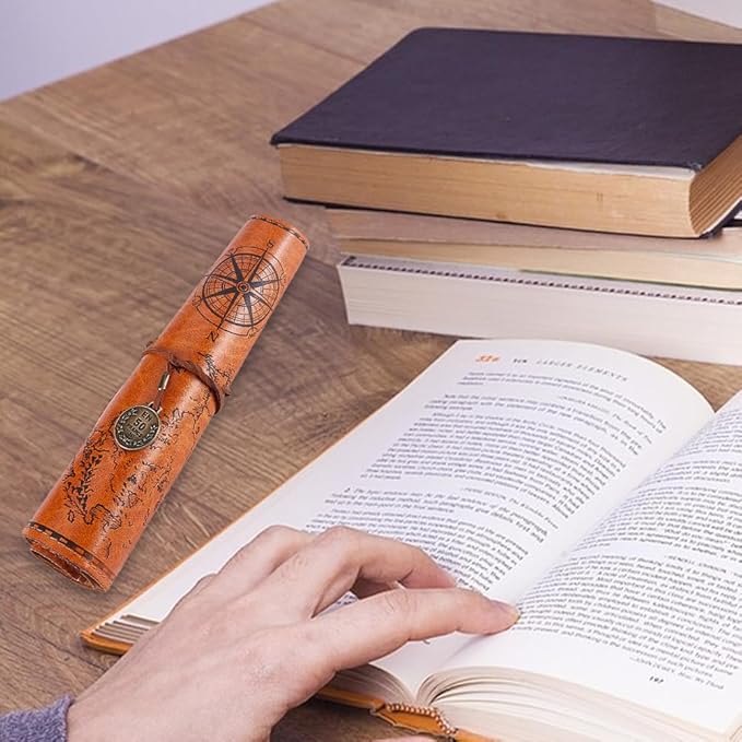 GORGECRAFT PU Leather Pencil Bag Strap Vintage Treasure Map Compass Cover Rollup Storage Organizer Retro Pen Bag Wrap Roll Case Holder Portable Stationery Pouch with Alloy Charming Rectangle(Peru)
