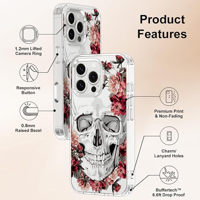MOSNOVO Case for iPhone 16 Pro Max, [Buffertech 6.6ft Military-Grade Drop Protection] [Anti Peel Off Tech] Clear TPU Bumper Phone Case Cover Design - Red Flower Skull