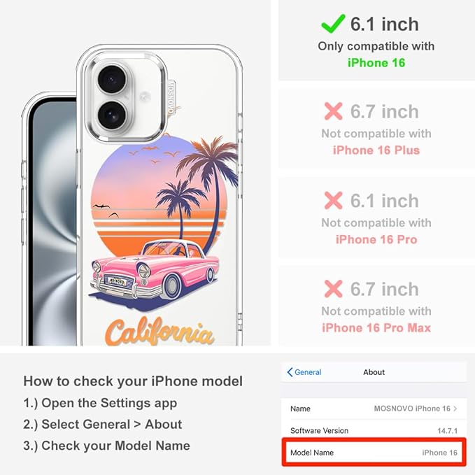 MOSNOVO for iPhone 16 Case, Shockproof Military-Grade Protection 6.6ft Drop Tested, Clear Phone Case for iPhone 16, Cali Cruise Design