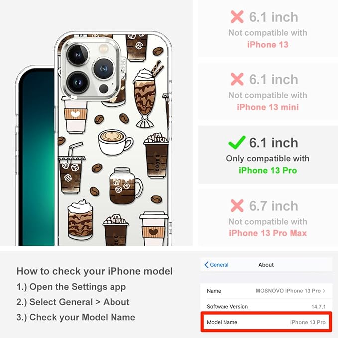 MOSNOVO Case for iPhone 13 Pro, [Buffertech 6.6ft Military-Grade Drop Protection] [Anti Peel Off Tech] Clear TPU Bumper Phone Case Cover Design - Coffee