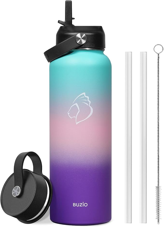 BUZIO 40oz Insulated Water Bottle, Stainless Steel Double Wall Water Flask (Cold for 48 Hrs) Leak Proof Sports Bottles Jug with Straw Lid and Flex Cap Metal Canteen for Gym Travel Camping, Hydrangea