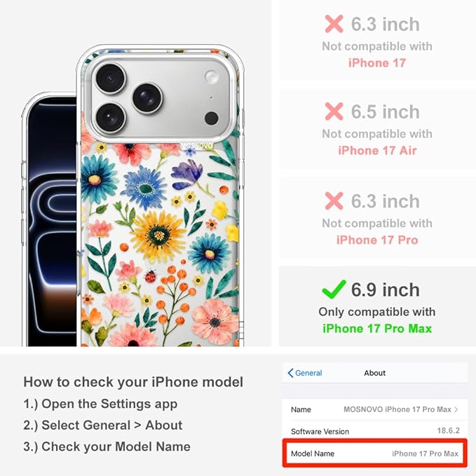 MOSNOVO for iPhone 17 Pro Max Case, Shockproof Military-Grade Protection 6.6ft Drop Tested, Camera Control, Clear Phone Case for iPhone 17 Pro Max, Wildflower Bloom Design