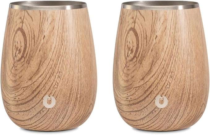 SNOWFOX Premium Vacuum Insulated Stainless Steel Grand Pinot Wine Glass, Chilled Wine Stays Icy Cold, Stemless Cocktail Glasses, Elegant Home Entertaining, Classic Barware, 12oz, Natural Teak