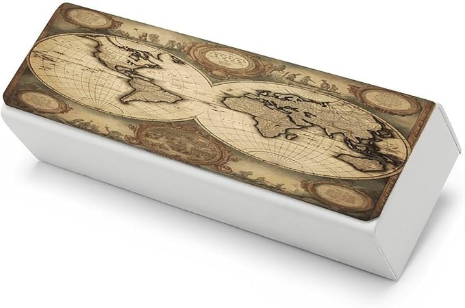 World Map Eyeglass Case Spectacle Case Slim PU Leather Eyeglass Case for Men Women Lightweight Protective Eyewear Storage with Cleaning Cloth