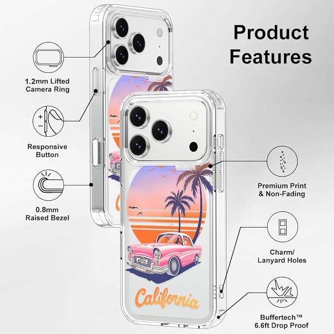 MOSNOVO for iPhone 17 Pro Case, Shockproof Military-Grade Protection 6.6ft Drop Tested, Camera Control, Clear Phone Case for iPhone 17 Pro, Cali Cruise Design