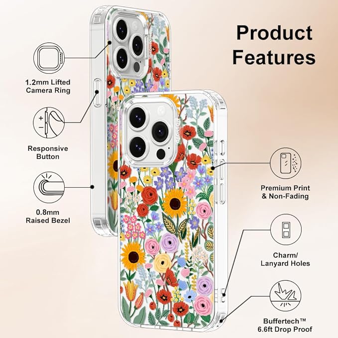 MOSNOVO Case for iPhone 14 Pro, [Buffertech 6.6ft Military-Grade Drop Protection] [Anti Peel Off Tech] Clear TPU Bumper Phone Case Cover Design - Blossom & Bloom