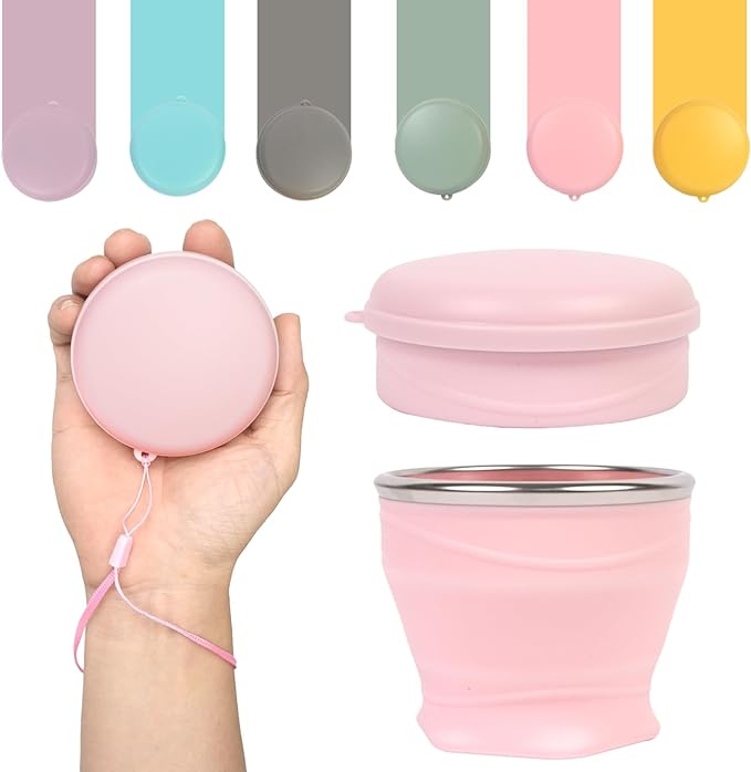 Collapsible Travel Cup with Lid (6oz/180ml) - BPA Free Silicone Folding Cup with Stainless Steel Rim - Portable Pocket Cup for Mouthwash, Pills, Hiking, Camping & Kids(Sakura Pink)