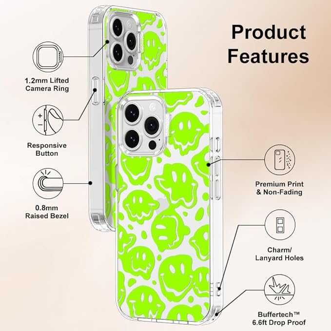 MOSNOVO Case for iPhone 13 Pro Max, [Buffertech 6.6ft Military-Grade Drop Protection] [Anti Peel Off Tech] Clear TPU Bumper Phone Case Cover Design - Distorted Green Smiles Face