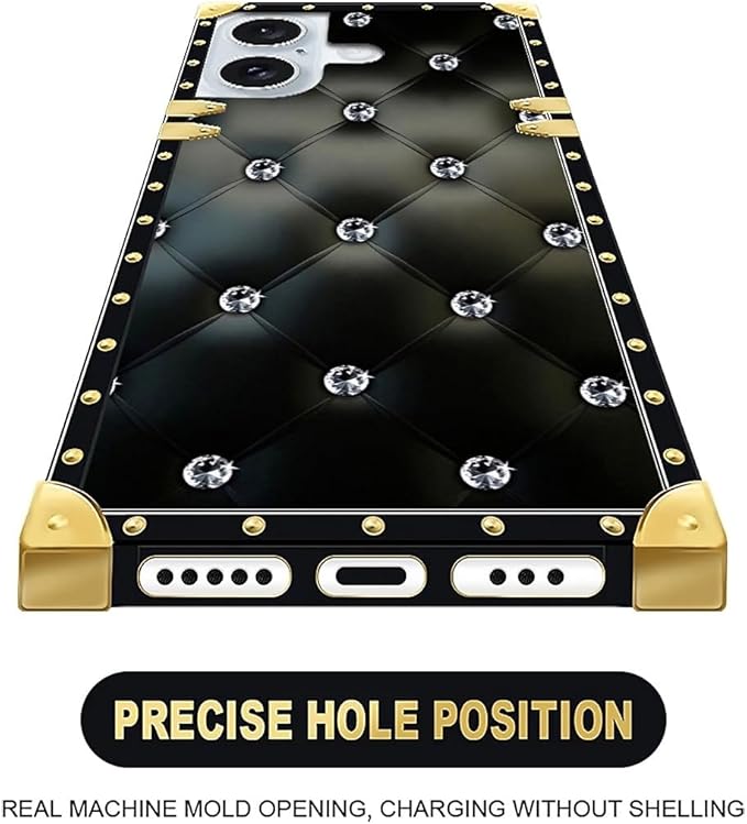 Compatible with iPhone 16 Plus Case, Shiny Black Sofa Crystal Luxury Golden Decoration for Girl Women Soft TPU Shockproof Protective Hard PC Back