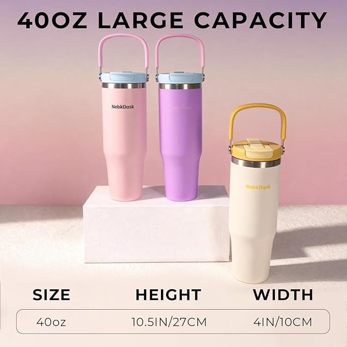 40 oz Insulated Stainless Steel Bottle with 2-in-1 Straw and Spout Lid, Water Bottle with Carry Handle Keep Cold 24H, Leak-Proof, Fits in Car Cup Holder, Travel, and School（Pink）