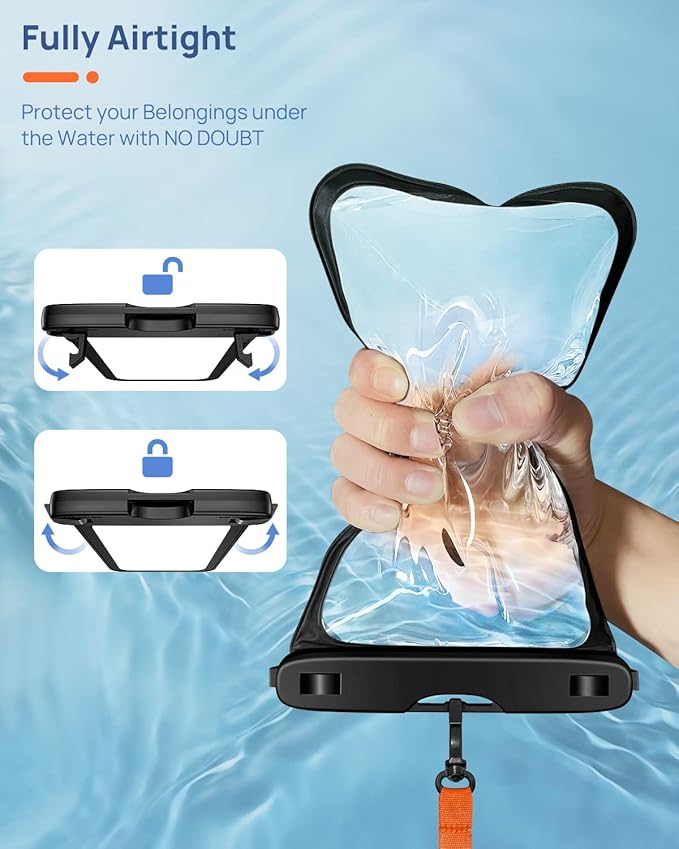 Lanhiem 10.5" Large Waterproof Phone Pouch, 2 Pack Universal IPX8 Waterproof Dry Bag with Lanyard for iPhone 17 16 15Pro Max, Samsung Galaxy S25 S24 Ultra, S25 FE, Pixel 10Pro XL 9A 8 Pro, Black+Black