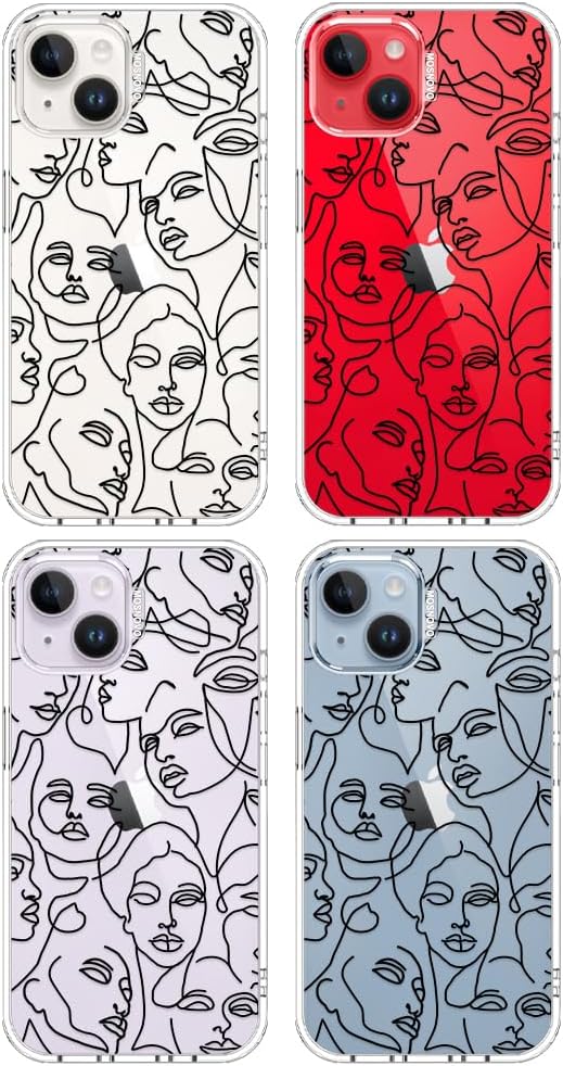 MOSNOVO for iPhone 13/14 Case | Military Grade 6.6ft Drop Tested | Clear with Abstract Face Line Art Design