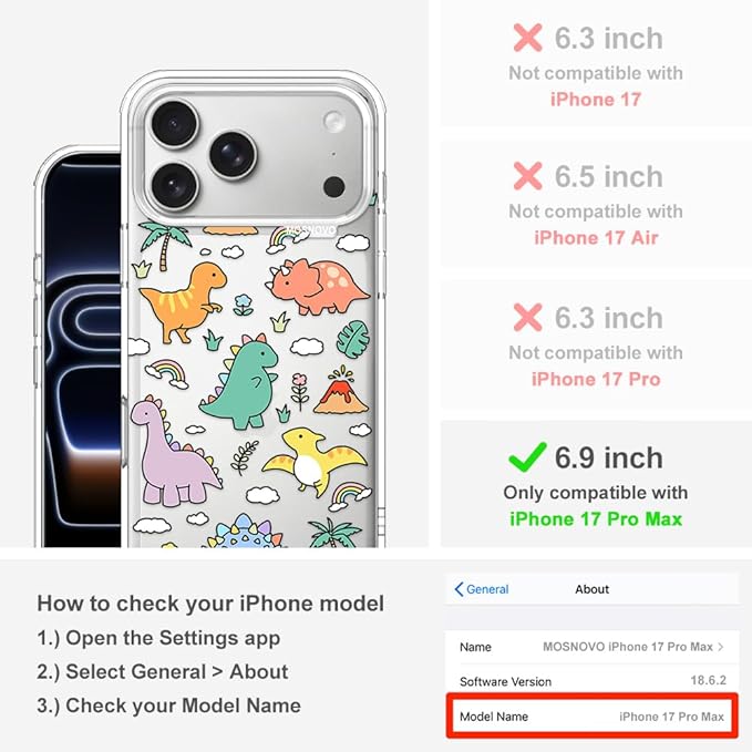 MOSNOVO for iPhone 17 Pro Max Case | Military Grade 6.6ft Drop Tested | Camera Control | Clear with Dinosaur Land Design