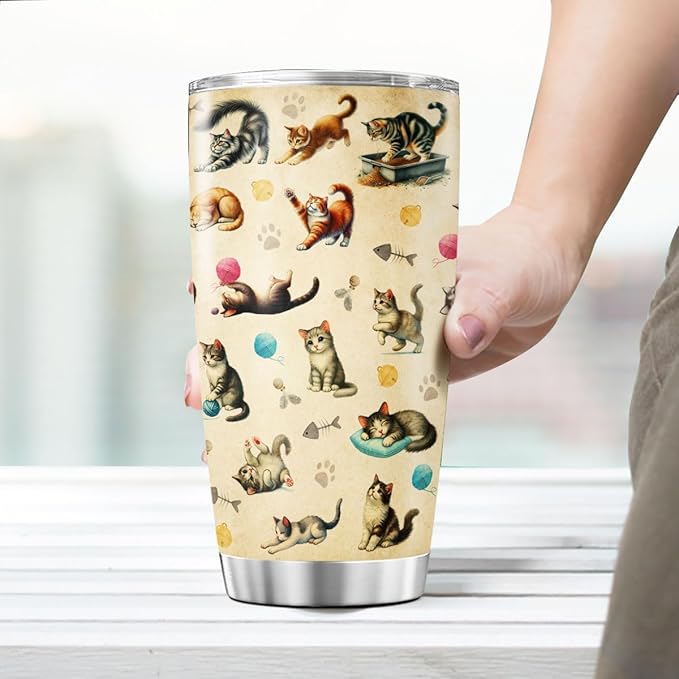 Cute Cat Pattern Travel Mug, 20oz Insulated Stainless Steel Tumbler for Cat Lovers, Double Wall Thermal Cup for Coffee, Tea, Water, and Outdoor Use