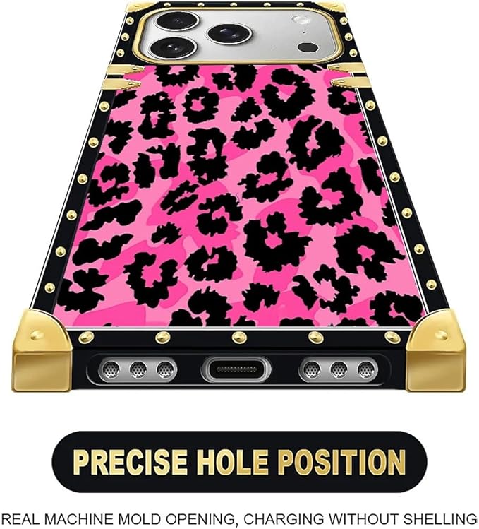 for iPhone 17 Pro Max Case Luxury Golden Decoration for Girl Women Soft TPU Shockproof Protective Hard PC Back for iPhone 17 Pro Max Crazy Pattern Pink Black Leopard