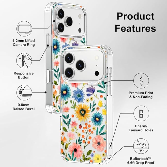 MOSNOVO for iPhone 17 Pro Case, Shockproof Military-Grade Protection 6.6ft Drop Tested, Camera Control, Clear Phone Case for iPhone 17 Pro, Wildflower Bloom Design