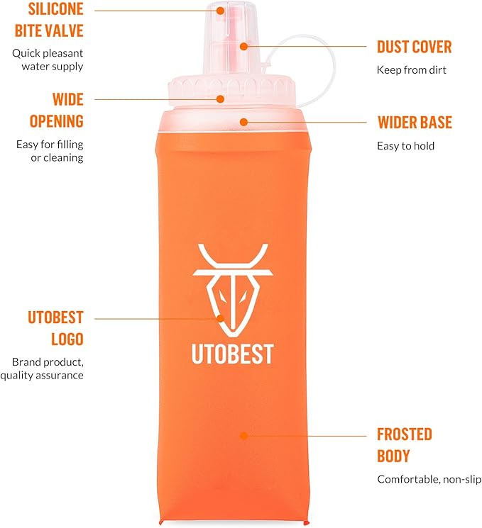 UTOBEST Soft Flask Collapsible Running Water Bottle, Flexible TPU Folding Bottles for Hydration Pack for Hiking Cycling (Orange-500ml*2)
