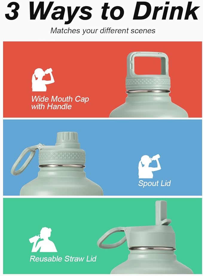 Coolflask Water Bottle 32 oz Insulated with Straw, Stainless Steel Metal 3 Lids Water Flask Wide Mouth for Sports or Office, Non-BPA Keep Cold Up to 48 Hrs or Hot Up to 24 Hrs, Grey Green