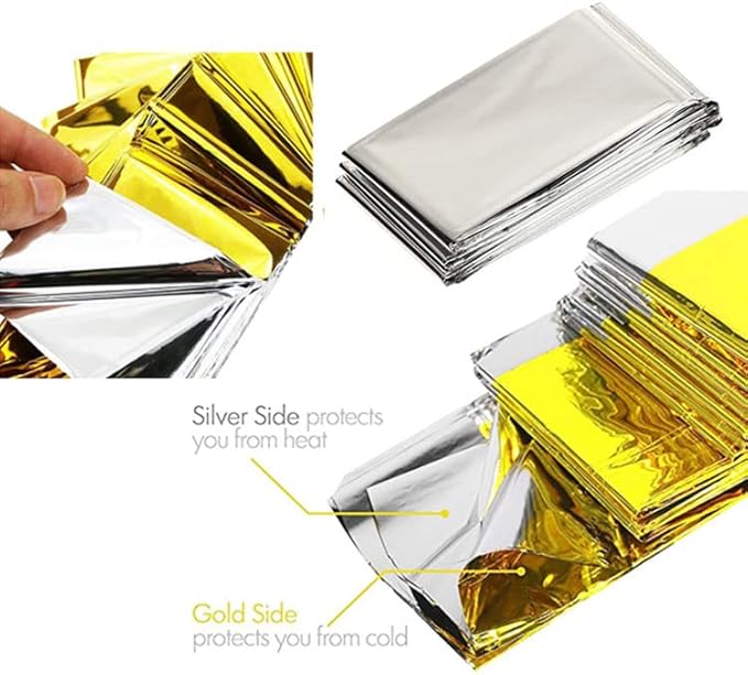 GALAXYLENSE Emergency Mylar Thermal Blanket for Survival First Aid Kits Army Outdoors Hiking Camping Bug Out Trauma Desert All Weather Condition Protection (150 Packs Gold)