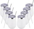 MEWAY Stemless 12oz Insulated Wine Tumbler with Lid and Straw - Double Wall Stainless Steel Thermal Cups, Travel wine glasses, Ideal for Bridal and Baby Shower Game Prizes(White,Set of 8)