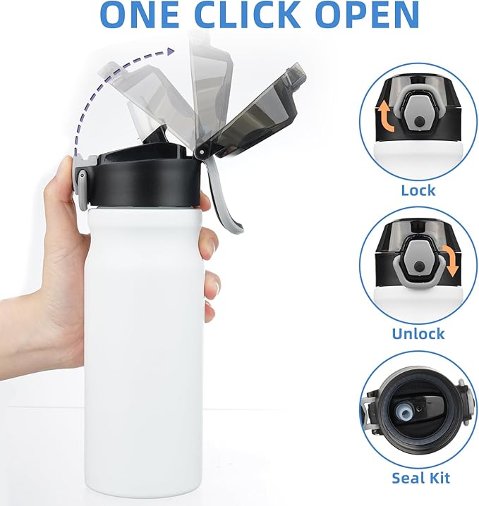 BJPKPK Water Bottle with Straw 18oz Insulated Water Bottles Reusable Stainless Steel Metal Thermal Flask with Leak Proof Lockable Lid and Carry Handle,White
