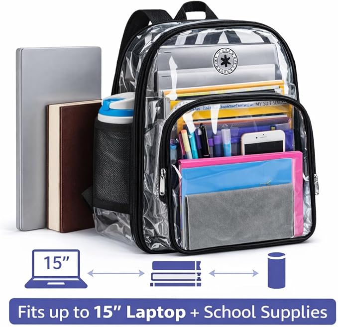 K-Cliffs Large Transparent Backpack Clear Heavy Duty School Bag Durable Student Bookbag See Through Vinyl Daypack Workbag