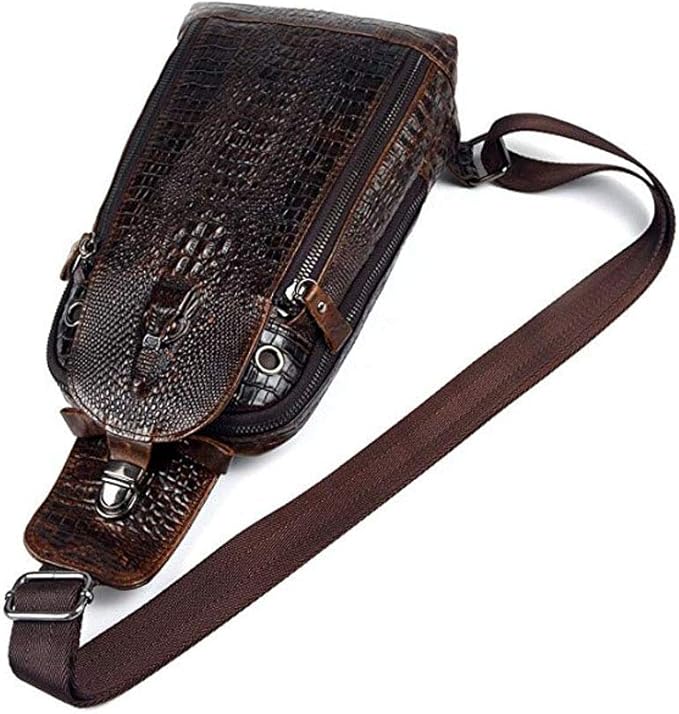 Hebetag Crocodile Genuine Leather Sling Chest Bag for Men Travel Outdoor Hunting Hiking Camping Crossbody Shoulder Pack Pouch Backpack Daypack Coffee