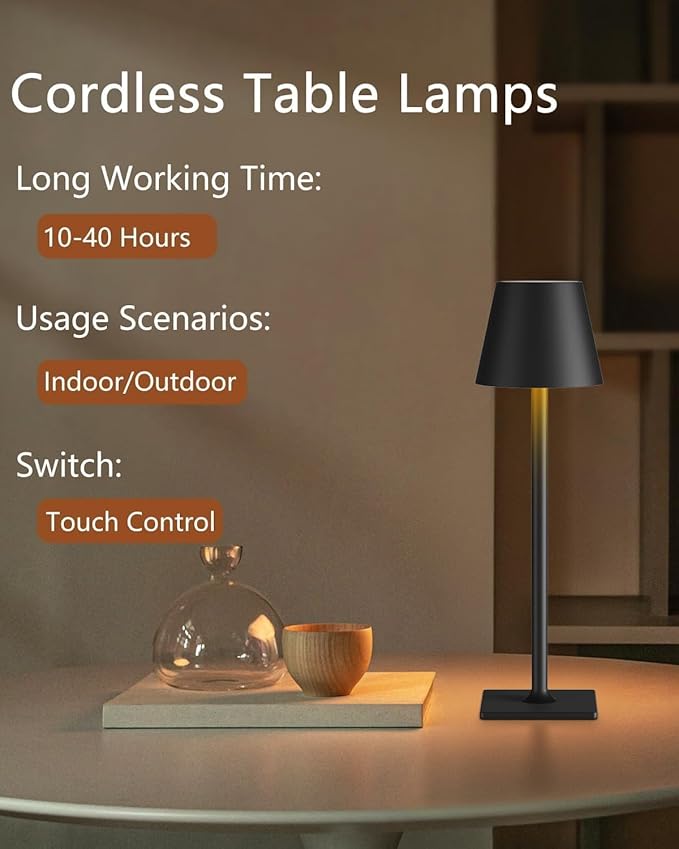 Fizrice Cordless Table Lamp Rechargeable Lamps: 6000mAh Battery Operated Table Lamp Outdoor Waterproof, Touch Control, Portable Wireless Desk Lamp for Dinner/Bedroom/Restaurant(Black 2 Pack)
