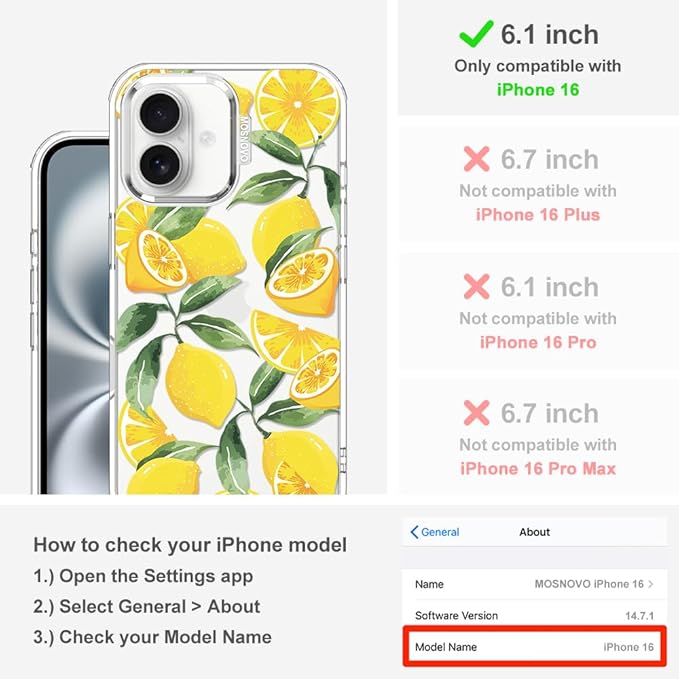 MOSNOVO Case for iPhone 16, [Buffertech 6.6ft Military-Grade Drop Protection] [Anti Peel Off Tech] Clear TPU Bumper Phone Case Cover Design - Lemon