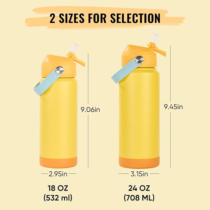 Fijinhom 18oz Insulated Stainless Steel Water Bottle, Wide Mouth Double Wall Vacuum, Silicone Straw, Sweat & Leak Proof, BPA Free Insulated Water Flask for Travel, Keep Cold 24h Hot 12h, Lemon