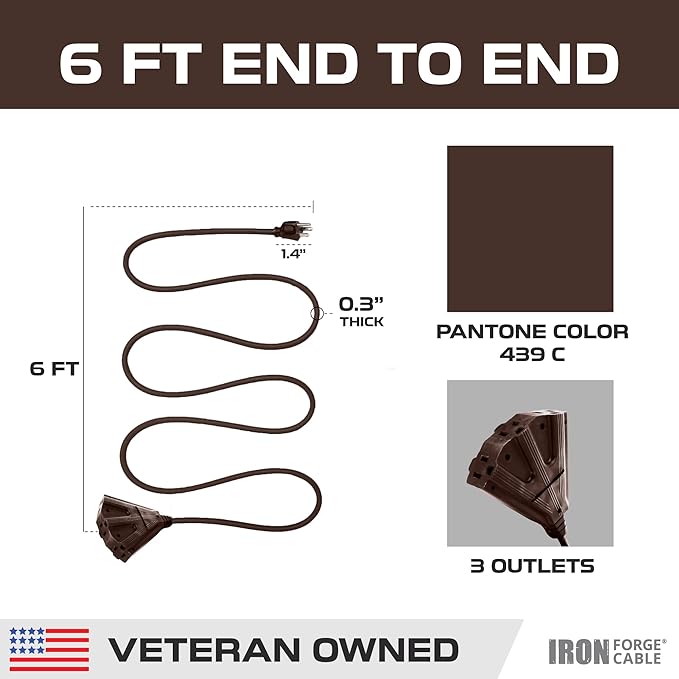 Iron Forge Cable 6ft Brown Outdoor Extension Cord with 3 Outlets - 16/3 SJTW 6ft Extension Cord 3 Prong, 13 Amp All-Weather Heavy Duty Power Cable