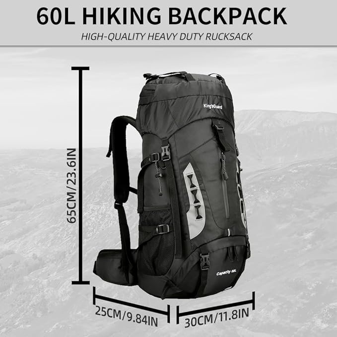 King'sGuard 60L Hiking Backpack for Men and Women Lightweight Camping Hiking Backpack with Rain Cover Large Waterproof Travel Backpack Backpacking Pack (Black)